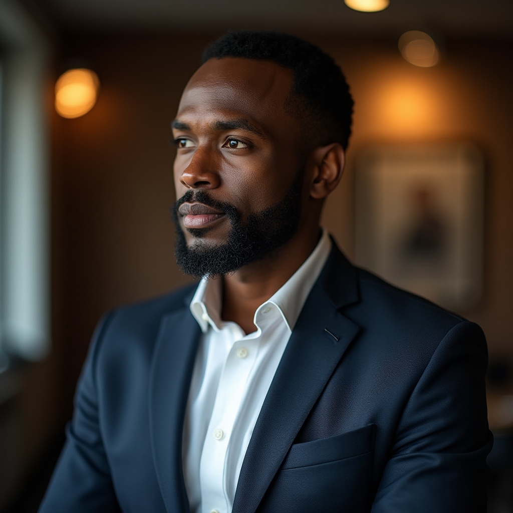 James Okafor, freelance business coach, in a three-quarter profile shot in a contemporary workspace