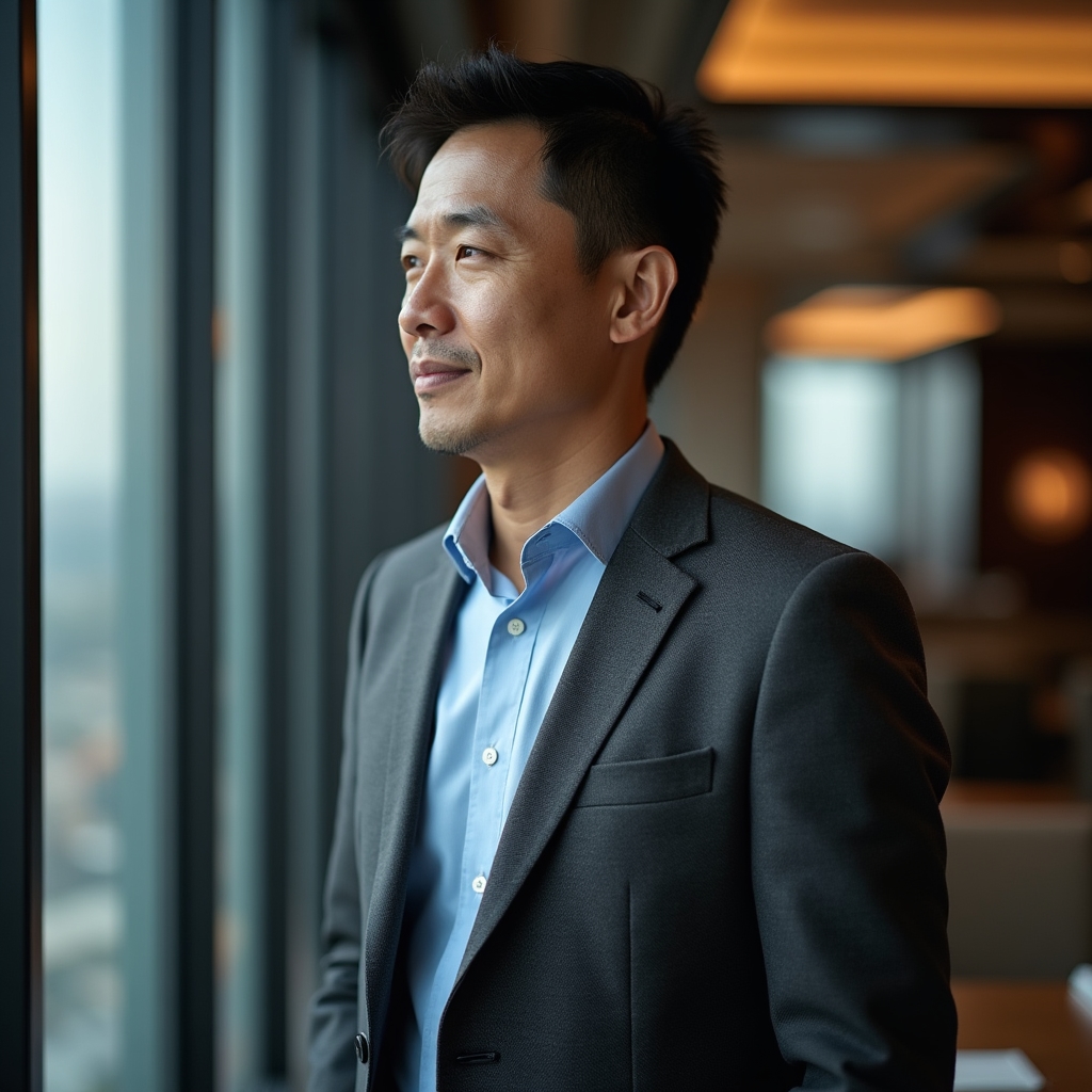 Marcus Chen, negotiation psychology specialist, standing by a window in a business lounge setting