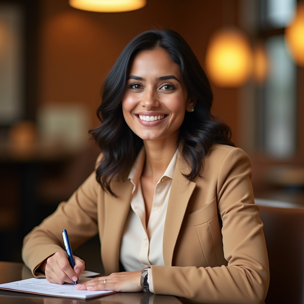 Priya Mehta, client communication coach, smiling directly at camera in a premium lounge environment
