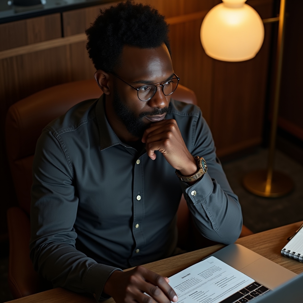 Freelancer at desk looking thoughtfully at a pricing proposal on laptop screen