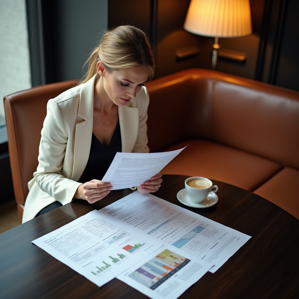 Freelancer in a thoughtful pose reviewing financial documents in a well-lit premium business environment